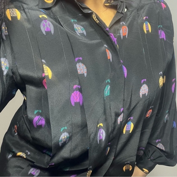 Vintage silk button down blouse black boy silhouette graphic AOP artsy retro fun - Picture 7 of 9